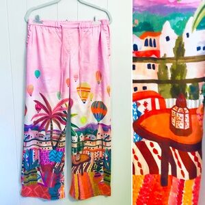 Soma PJ Satin Pants Pink Village Hot Air Balloons Novelty Pajama Lounge Small